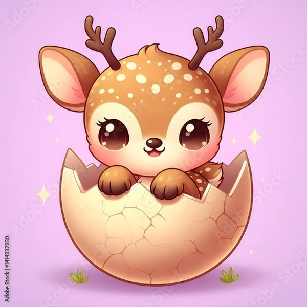 Obraz Cute cartoon baby deer with tiny antlers hatching from a cracked egg shell, surrounded by sparkles and spring elements, symbolizing new life and innocence on pastel background