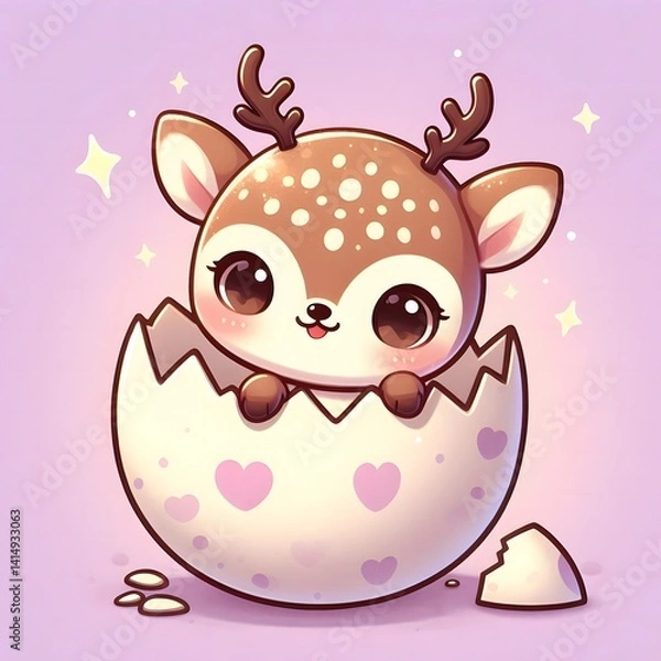 Obraz Cute cartoon baby deer with tiny antlers hatching from a cracked egg shell, surrounded by sparkles and spring elements, symbolizing new life and innocence on pastel background