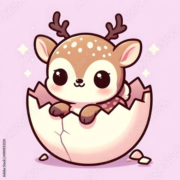 Obraz Cute cartoon baby deer with tiny antlers hatching from a cracked egg shell, surrounded by sparkles and spring elements, symbolizing new life and innocence on pastel background