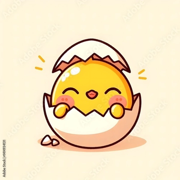 Obraz 
Charming cartoon chick hatching from a cracked eggshell, depicted with a joyful expression and soft pastel tones. A playful and whimsical baby animal illustration ideal for spring, Easter, or childre