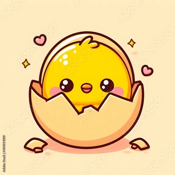 Obraz 
Charming cartoon chick hatching from a cracked eggshell, depicted with a joyful expression and soft pastel tones. A playful and whimsical baby animal illustration ideal for spring, Easter, or childre