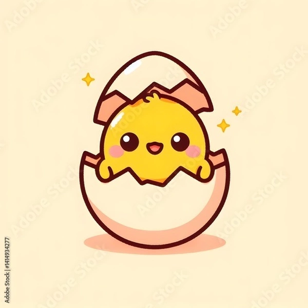 Obraz 
Charming cartoon chick hatching from a cracked eggshell, depicted with a joyful expression and soft pastel tones. A playful and whimsical baby animal illustration ideal for spring, Easter, or childre