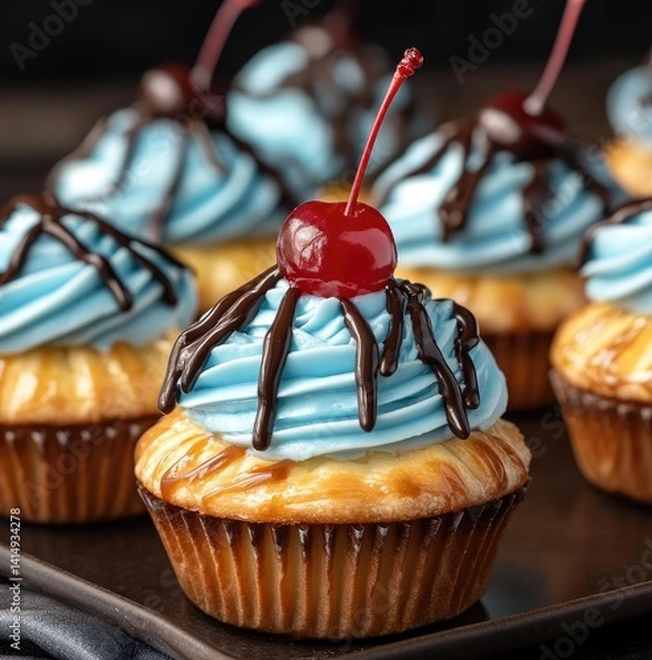 Obraz Small pastries covered with blue icing and chocolate sauce