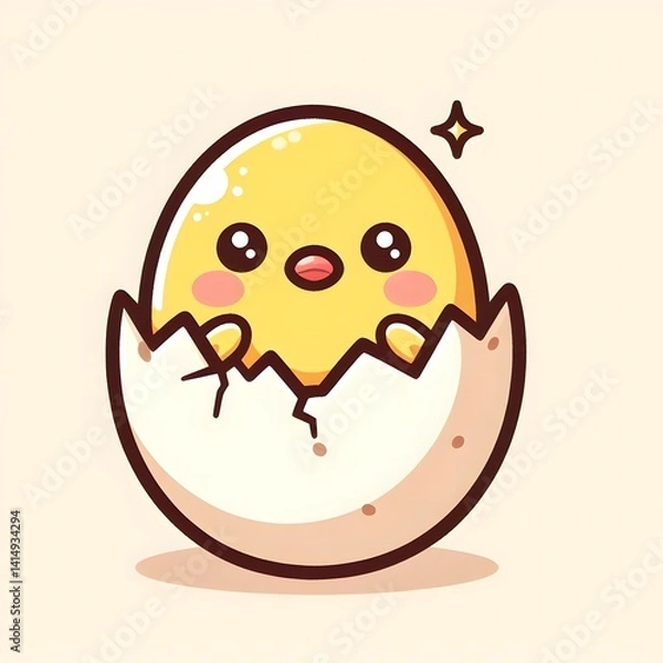 Obraz 
Charming cartoon chick hatching from a cracked eggshell, depicted with a joyful expression and soft pastel tones. A playful and whimsical baby animal illustration ideal for spring, Easter, or childre