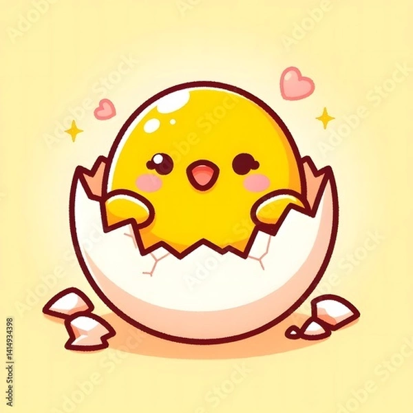 Obraz 
Charming cartoon chick hatching from a cracked eggshell, depicted with a joyful expression and soft pastel tones. A playful and whimsical baby animal illustration ideal for spring, Easter, or childre