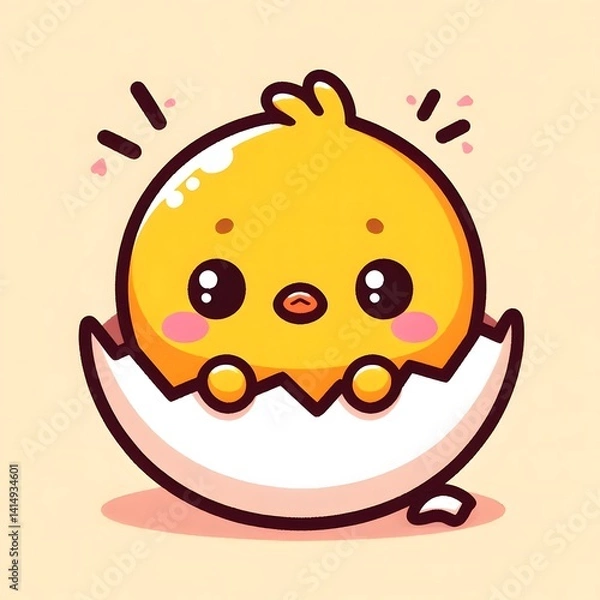 Obraz 
Charming cartoon chick hatching from a cracked eggshell, depicted with a joyful expression and soft pastel tones. A playful and whimsical baby animal illustration ideal for spring, Easter, or childre