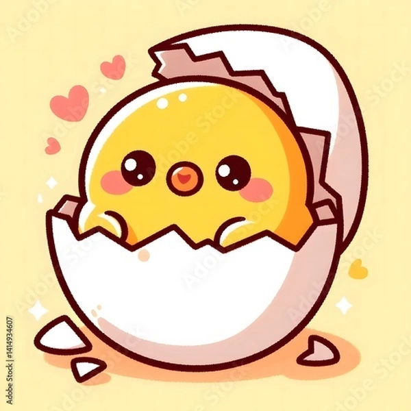 Obraz 
Charming cartoon chick hatching from a cracked eggshell, depicted with a joyful expression and soft pastel tones. A playful and whimsical baby animal illustration ideal for spring, Easter, or childre