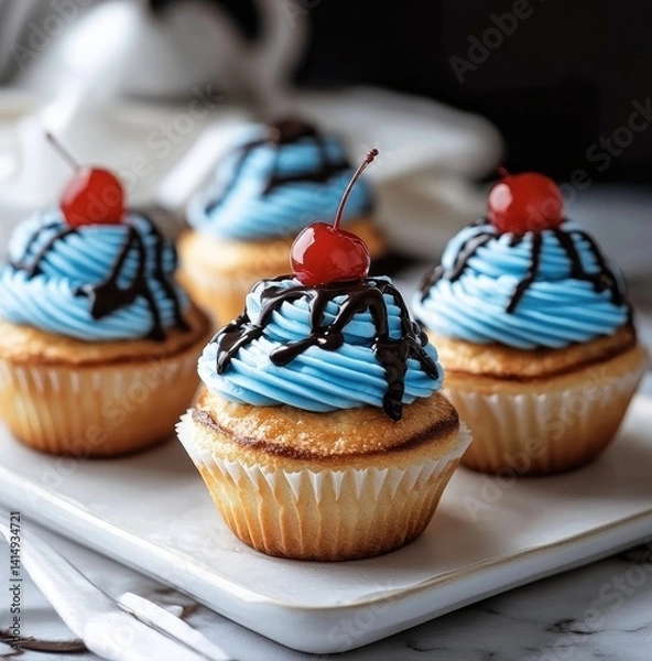 Obraz Small pastries covered with blue icing and chocolate sauce