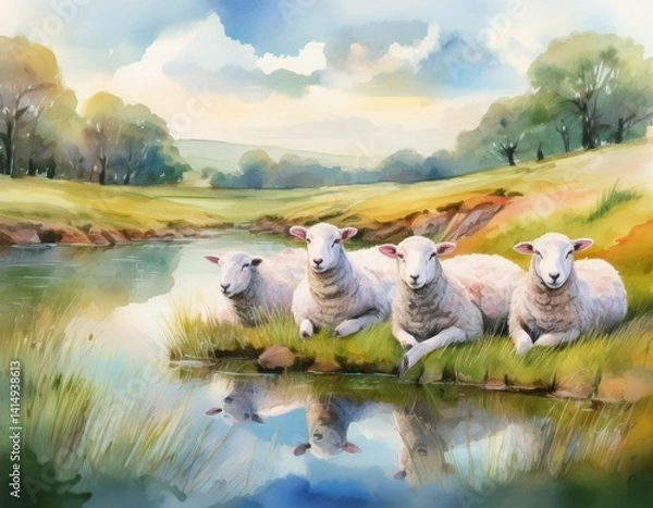 Fototapeta A peaceful watercolor painting of white sheep resting beside still waters, with gentle reflections and soft green pastures stretching into the distance.