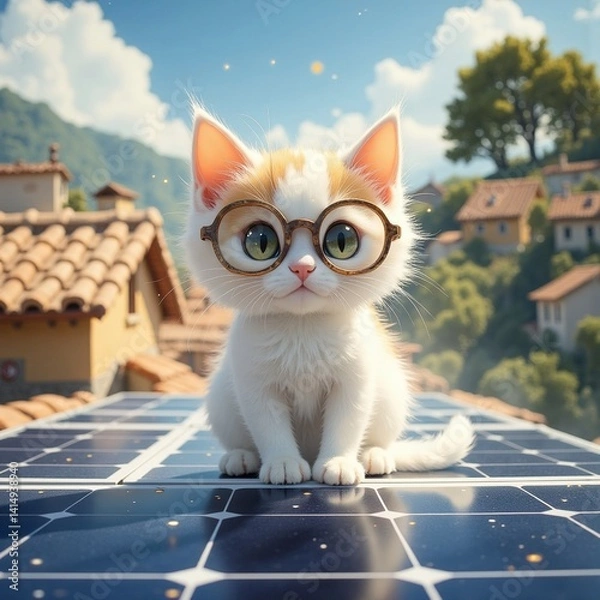 Obraz An adorable kitten sits on the edge of a solar panel located on the roof of a house