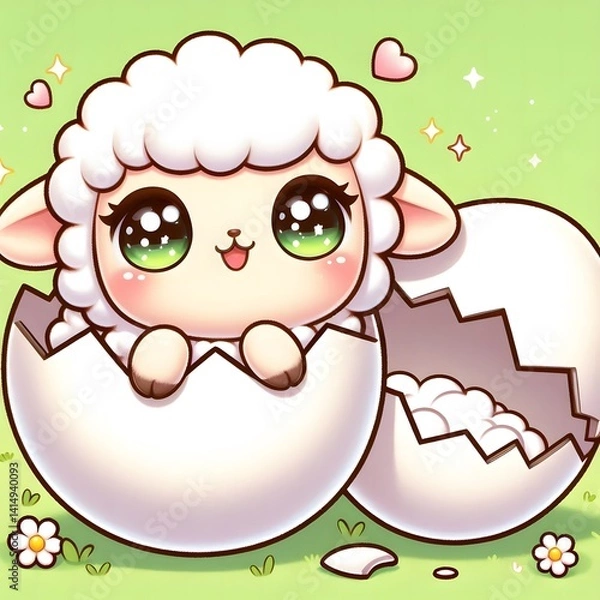 Obraz Adorable baby lamb with big sparkling eyes hatching from a cracked egg shell, set against a soft green background with daisies, symbolizing new life and springtime innocence