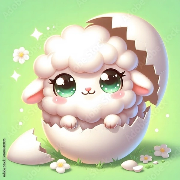 Obraz Adorable baby lamb with big sparkling eyes hatching from a cracked egg shell, set against a soft green background with daisies, symbolizing new life and springtime innocence