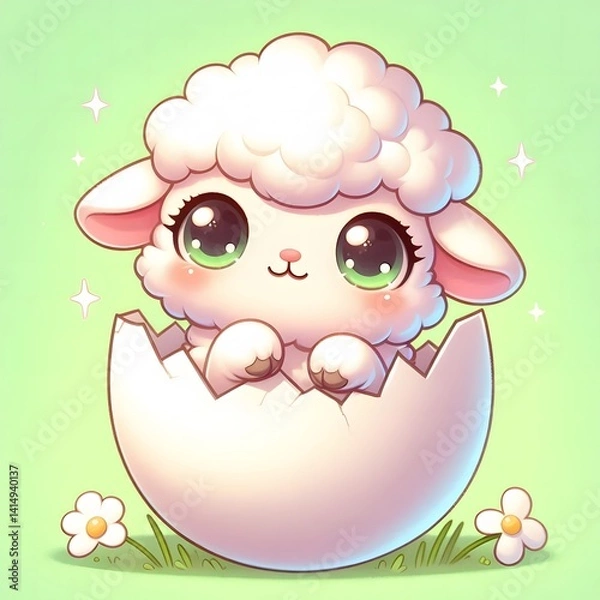 Obraz Adorable baby lamb with big sparkling eyes hatching from a cracked egg shell, set against a soft green background with daisies, symbolizing new life and springtime innocence