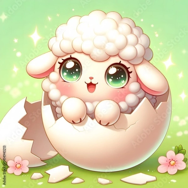 Obraz Adorable baby lamb with big sparkling eyes hatching from a cracked egg shell, set against a soft green background with daisies, symbolizing new life and springtime innocence