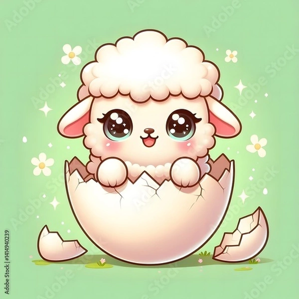 Obraz Adorable baby lamb with big sparkling eyes hatching from a cracked egg shell, set against a soft green background with daisies, symbolizing new life and springtime innocence