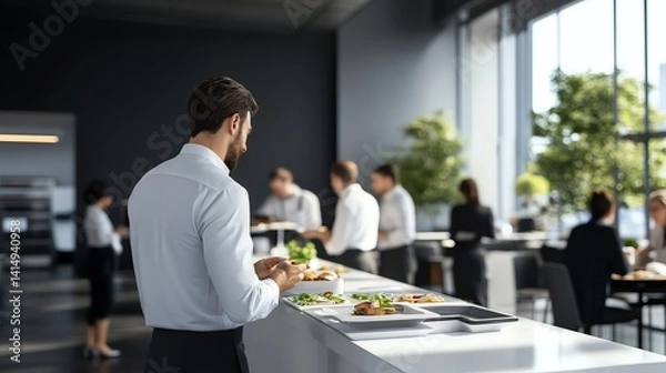 Fototapeta Coworkers enjoying casual buffetstyle lunch in modern breakroom, 3D illustration