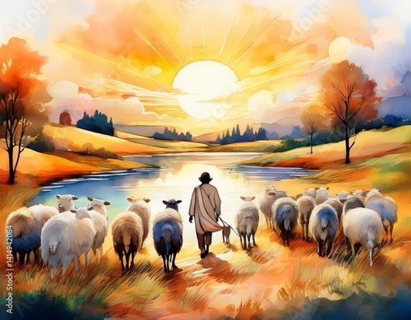 Fototapeta A distant watercolor landscape of sheep scattered across sun-kissed hills, with a shimmering stream curving through soft fields of emerald and sage.