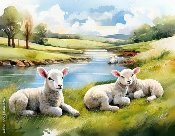 Fototapeta A soft watercolor composition of lambs lying in green pastures, while still waters wind peacefully nearby, blending into the quiet horizon.