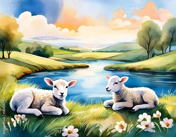 Fototapeta A soft watercolor composition of lambs lying in green pastures, while still waters wind peacefully nearby, blending into the quiet horizon.