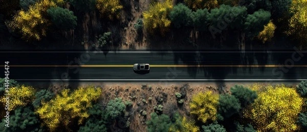 Fototapeta Aerial View of Straight Asphalt Road Surrounded by Lush Greenery and Yellow Foliage