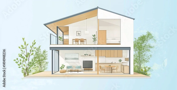 Obraz 現代的な二階建て住宅の断面図