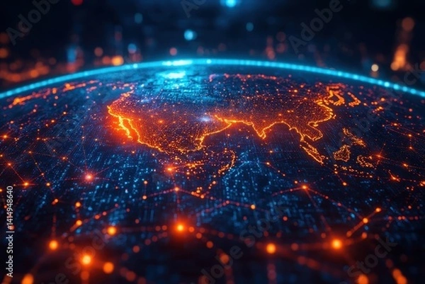 Fototapeta Visualization of digital global connectivity over Asia and the surrounding regions at nighttime