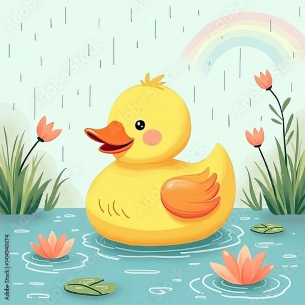 Obraz Cartoon yellow duck in a pond with flowers, spring rain