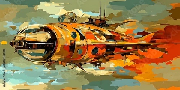 Fototapeta Futuristic Airship in Colorful Skies