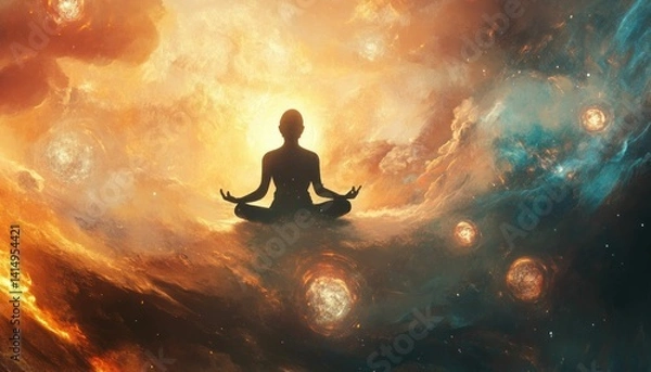 Obraz Serene cosmic yoga: Silhouette in meditative pose within celestial embrace
