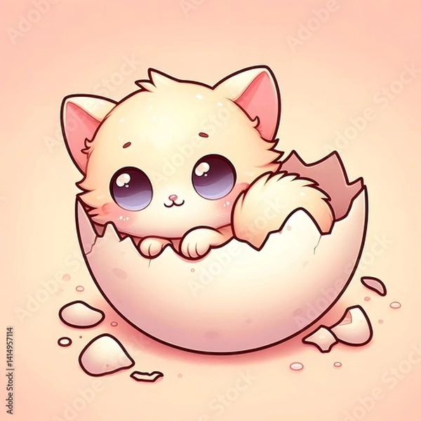 Obraz Adorable baby kitten with big sparkling eyes emerging from a cracked eggshell, surrounded by soft pink tones and hearts, symbolizing innocence, love, and new beginnings