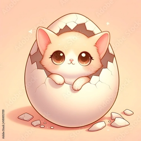 Obraz Adorable baby kitten with big sparkling eyes emerging from a cracked eggshell, surrounded by soft pink tones and hearts, symbolizing innocence, love, and new beginnings
