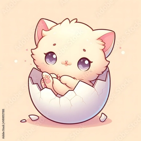 Obraz Adorable baby kitten with big sparkling eyes emerging from a cracked eggshell, surrounded by soft pink tones and hearts, symbolizing innocence, love, and new beginnings