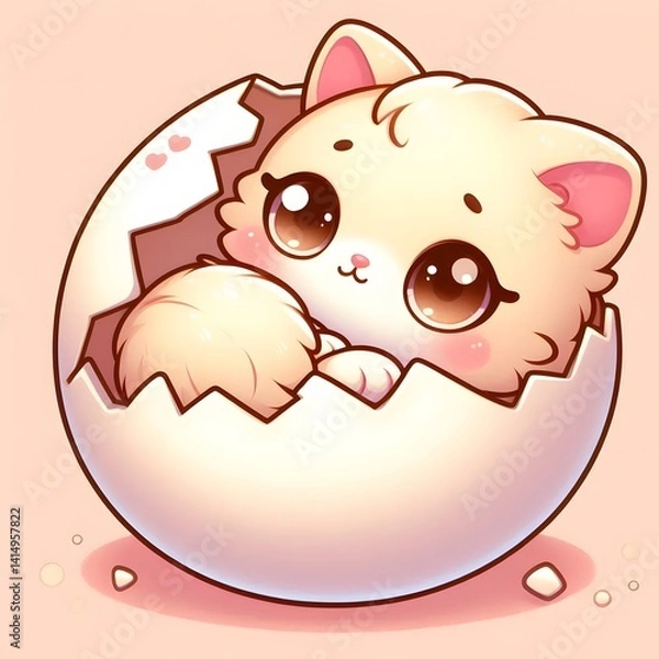 Obraz Adorable baby kitten with big sparkling eyes emerging from a cracked eggshell, surrounded by soft pink tones and hearts, symbolizing innocence, love, and new beginnings