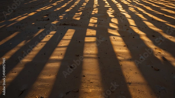 Fototapeta Abstract Beach Sand Patterns in Evening Light: Tranquil Scenic Photography with Dappled Shadows and Warm Silhouettes