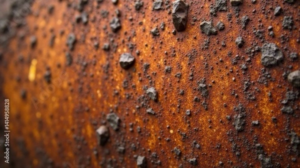 Fototapeta Close-up view of a heavily corroded metallic surface exhibiting a textured pattern of dark granules embedded within a rich, oxidized orange hue