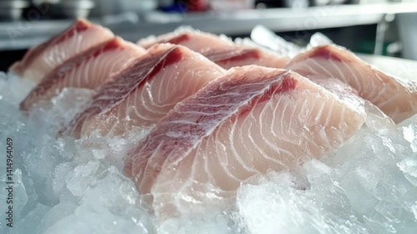 Fototapeta A close up of fish fillets on ice