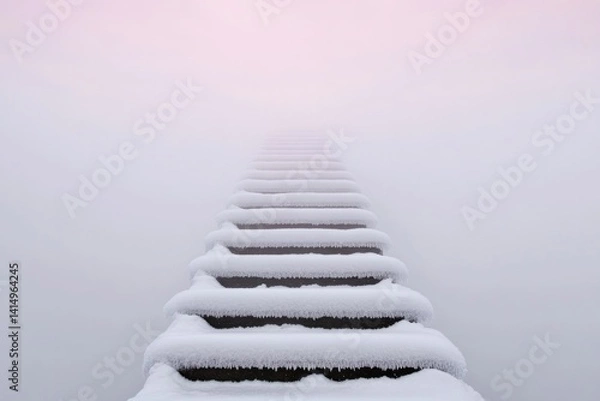 Fototapeta Snow-covered steps lead into misty expanse, creating an ethereal