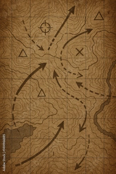 Fototapeta Vintage Style Map with Arrows and Navigation Symbols on Texture