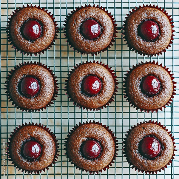 Obraz Chocolate Cherry Cupcakes On Cooling Rack