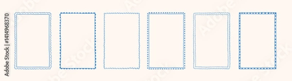 Fototapeta Doodle hand drawn frames in stamp style. Minimalist line art. Vintage blue ornament borders for wedding, greeting cards, menu, prints, picnic invitations. Mediterranean sea coastal aesthetics.