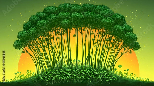 Obraz Sunrise Forest Scene With Lush Green Trees
