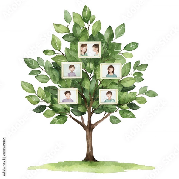 Fototapeta A visually engaging family tree illustration featuring multiple branches and framed portraits, symbolizing family heritage and connections against a white background.