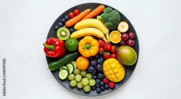 Fototapeta Vibrant Fruits and Vegetables: A Healthy Eating Plate - Fresh produce, balanced diet, healthy lifestyle, colorful food, vitamins
