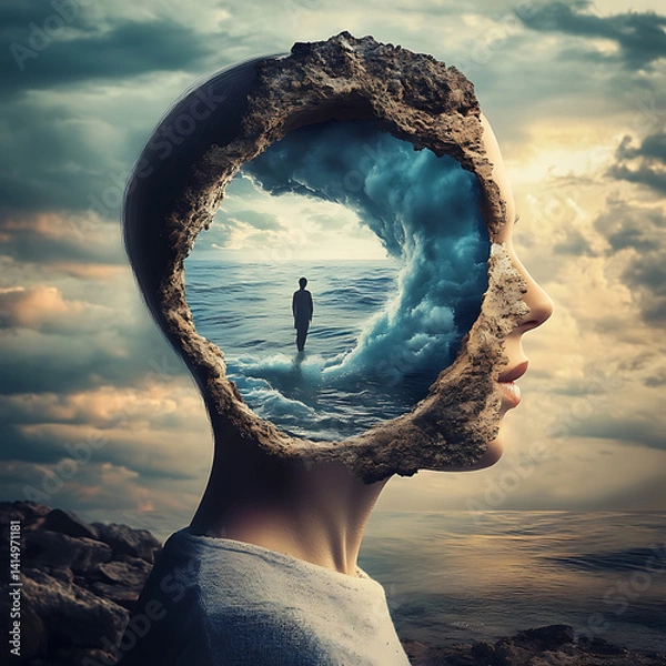 Fototapeta Surreal image of a woman with a rock like face revealing a sky and a figure inside
