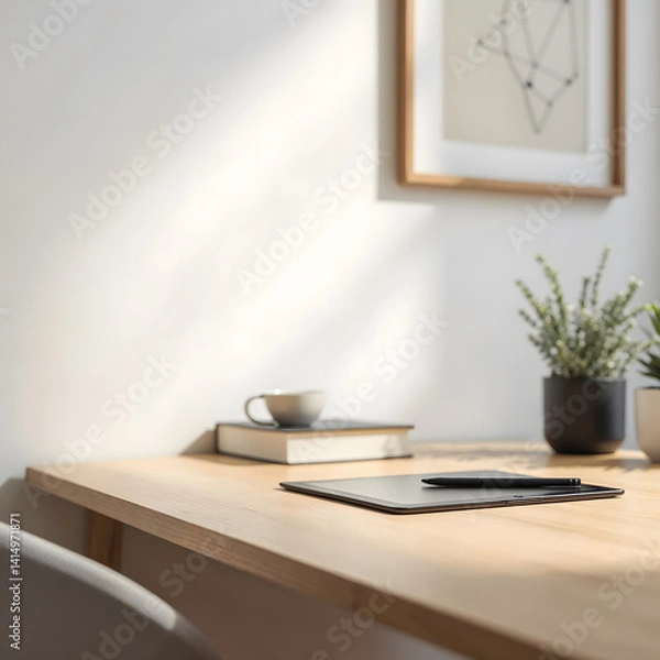 Fototapeta Scandinavian-Style Light Oak Desk with Tablet and Stylus