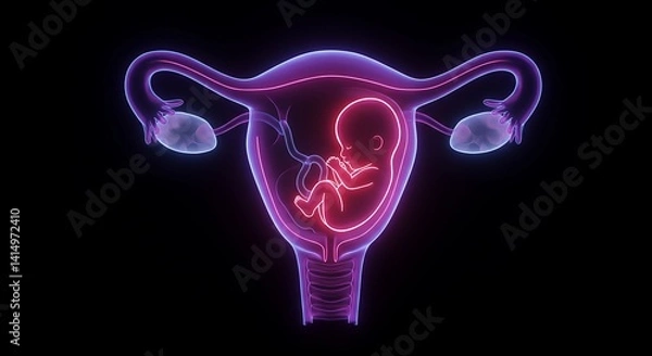 Fototapeta Glowing depiction of a fetus inside the uterus with ovaries against black