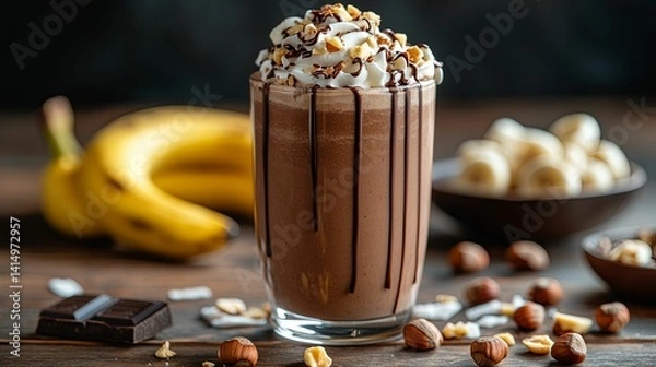Obraz Chocolate hazelnut banana milkshake, topped with whipped cream.