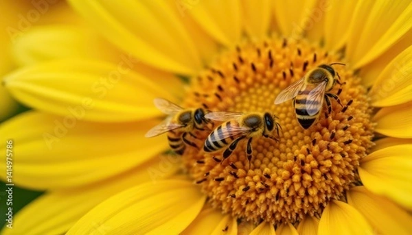 Fototapeta Bees pollinating sunflower in nature closeup photography vibrant yellow environment macro view pollination concept