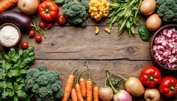 Fototapeta Fresh local produce displayed on rustic wooden table farmers market still life natural setting top-down view healthy eating