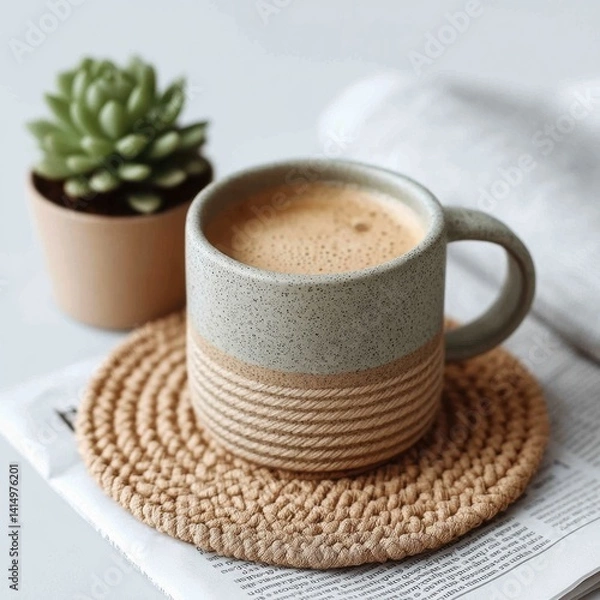 Obraz A close-up of a ceramic coffee mug sitting on a woven placemat
